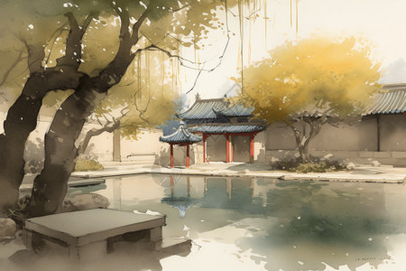 中国传统庭院的水彩图片