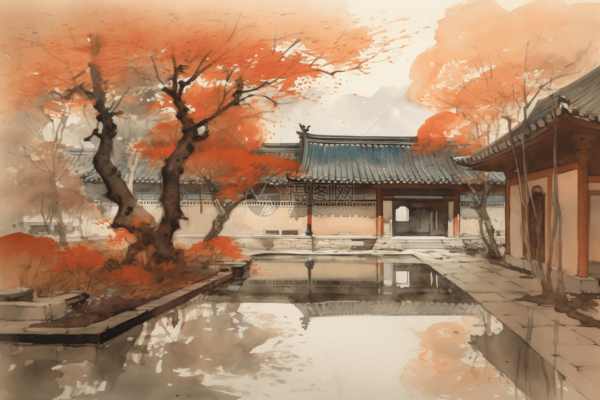 中国传统庭院的极简水彩画图片