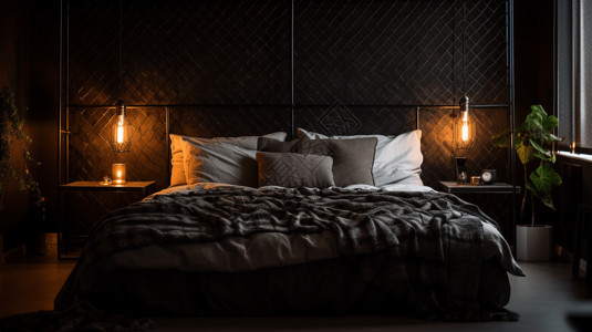黑色工业风格的卧室图片