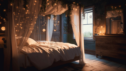 床帘星空闪耀的卧室背景