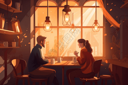 情侣在午后的咖啡店约会插画图片