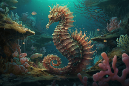 深海植物深海中的海马插画