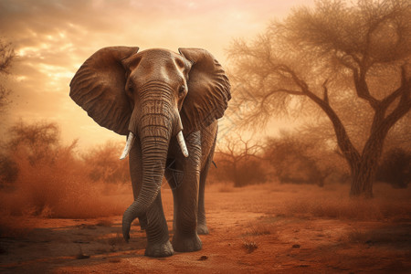 动物纹理非洲日落后的大象插画