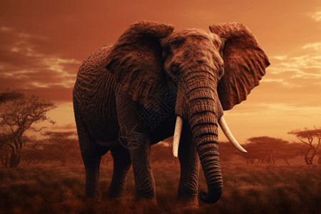草原上孤独树非洲日落后孤独的大象插画