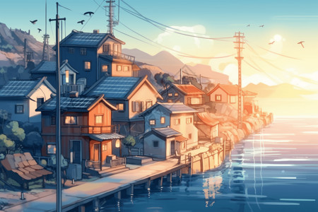 海滨小镇插画图片
