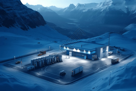 车被雪覆盖被雪峰包围的氢能加油站设计图片