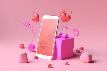 粉色缎带礼品盒手机旁的礼品盒设计图片