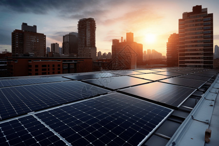 城市特写屋顶上的太阳能电池板特写背景是城市天际线插画