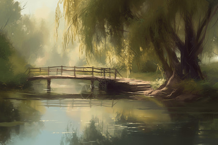 宁静的河边摇曳的柳树图片
