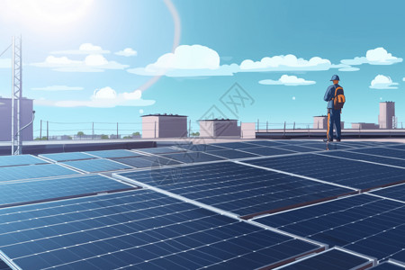工人检查检查太阳能电池板的工人插画