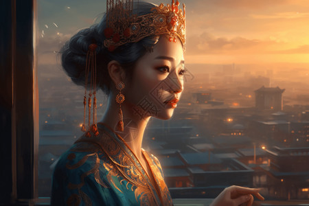俯瞰城市的中国公主背景图片