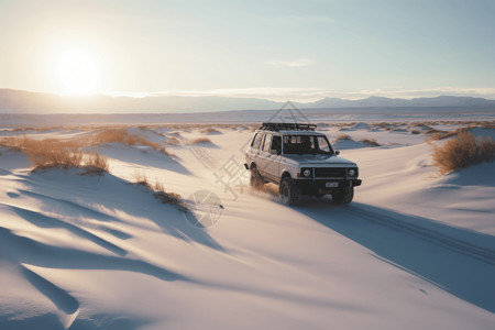 护栏上的白雪沙漠上的汽车背景设计图片