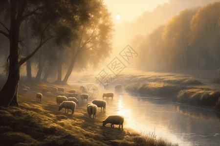 一群绵羊的景观绘画图片