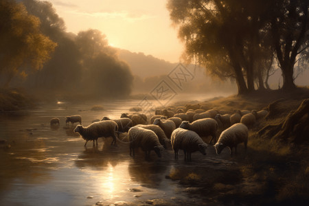 河边一群绵羊的宁静景观设计图片