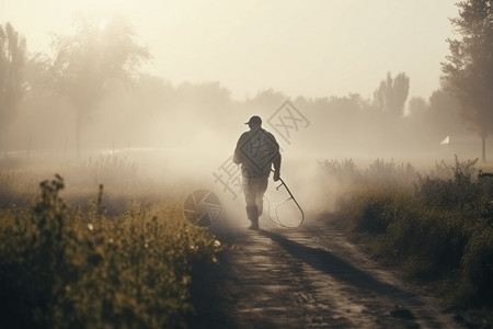 农民工背影农民使用喷雾器，用手小心地涂抹农药背景