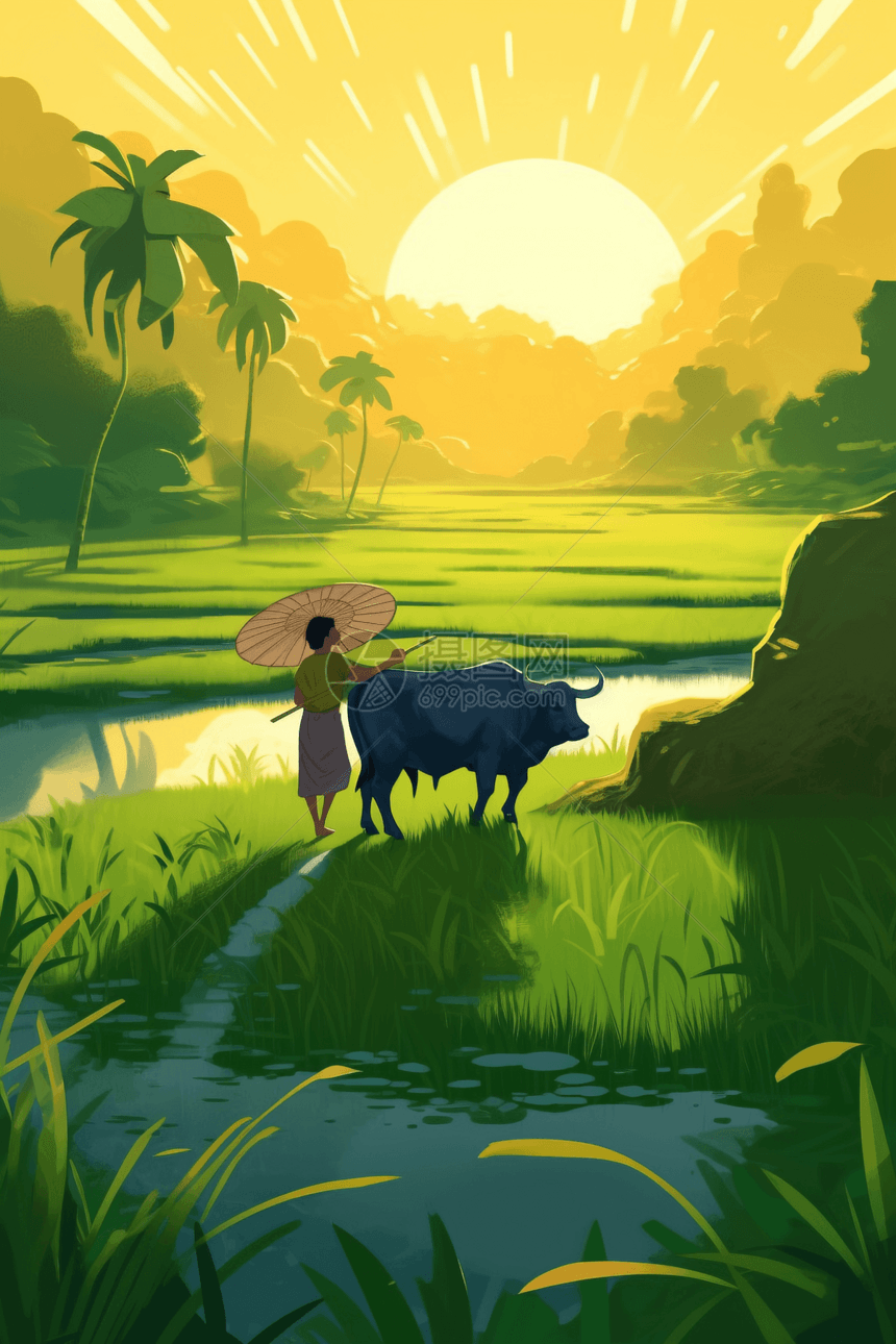 农民在绿色的稻田中图片
