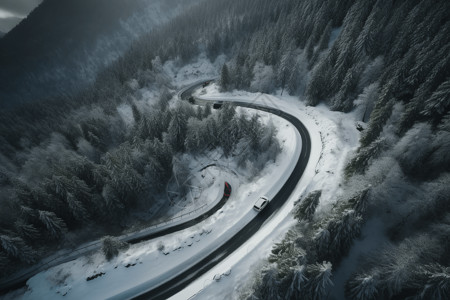 森林在冬天汽车在山区雪道上设计图片