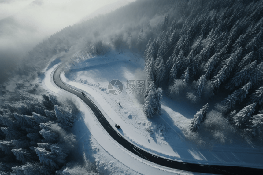 山区蜿蜒的雪道图片