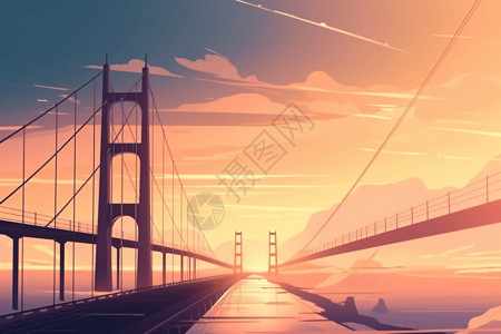 大桥夜景江面上的悬索桥插画