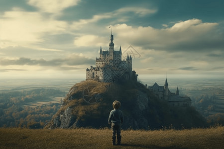男孩眺望远处宏伟的城堡背景图片