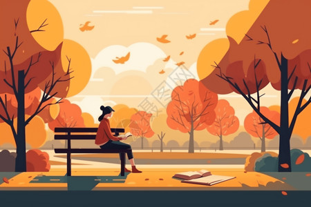 在公园长椅上看书的女孩图片