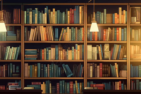 复古灯光放满图书的书柜插画