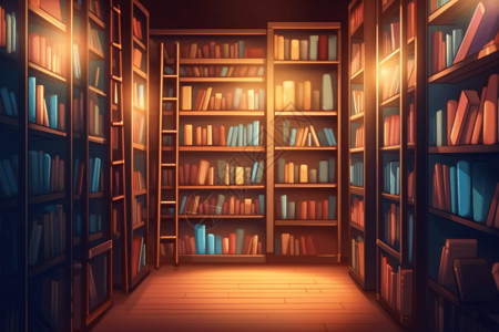昏黄的灯光下放满书籍的书架背景图片