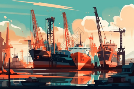 大型船舶现代造船厂插画