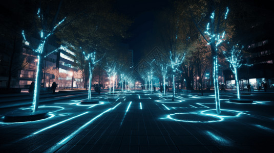 德吉玛广场夜景蓝色发光的树插画