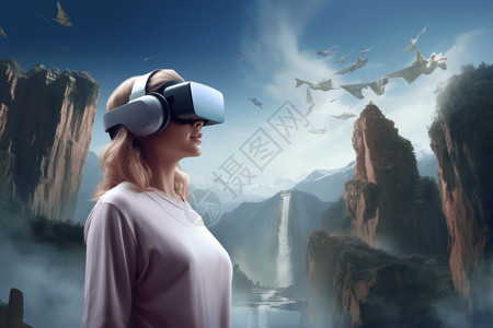 体验VR旅游的女人高清图片