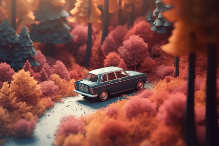 小汽车模型树林中的汽车插画