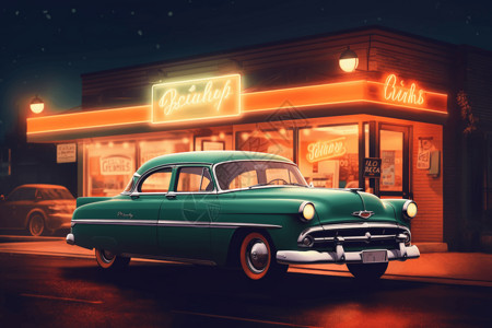 餐吧车50年代的汽车插画