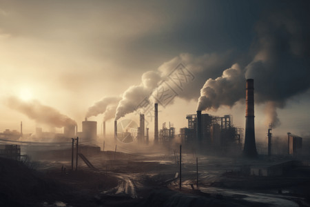 烟囱将污染排放到工业城市中高清图片