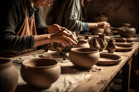 艺术性陶器工作室艺术家在烧制陶器背景