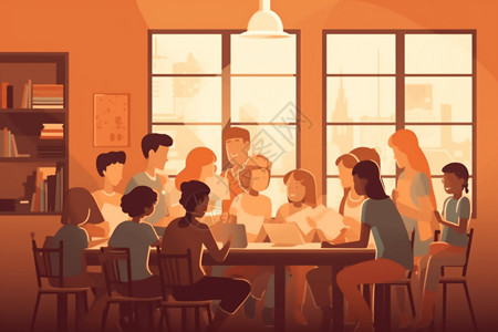 一群人学习一群人围着桌子探讨学习插画
