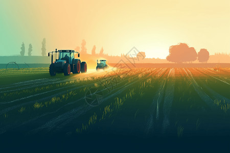 在田间工作农民使用农耕机械在田间施肥料插画
