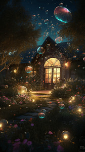 夜晚在神奇的花园中的泡泡图片