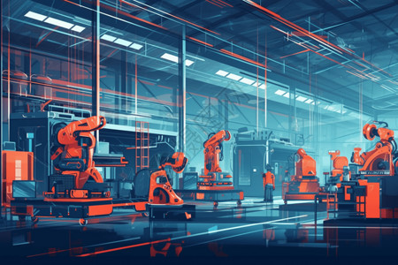 工业自动化智能工厂内的自动化生产线插画