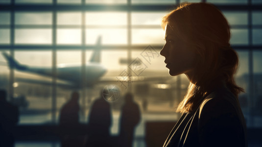 机场上的运输机机场上年轻的女商人背景