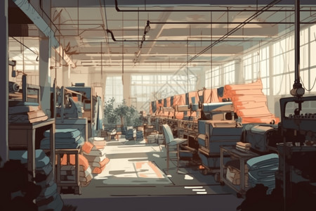 工业缝纫机和织物堆背景图片