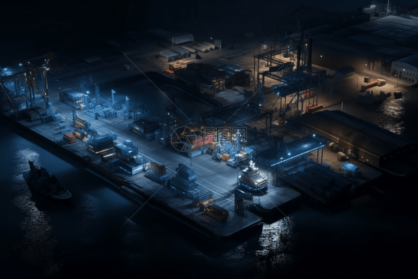 工业滨水区装载码头和起重机图片
