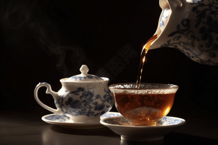 青花瓷茶壶精致瓷杯中的热茶背景