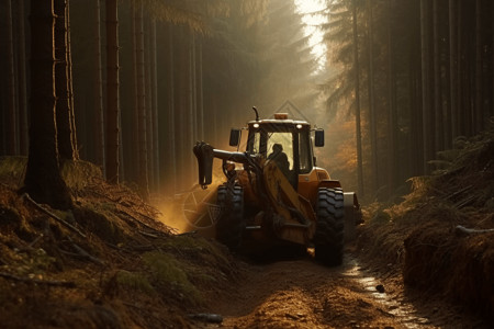 被砍伐的树木森林里伐木的机械背景