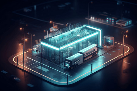 公交车车站未来城市自动驾驶巴士站设计图片