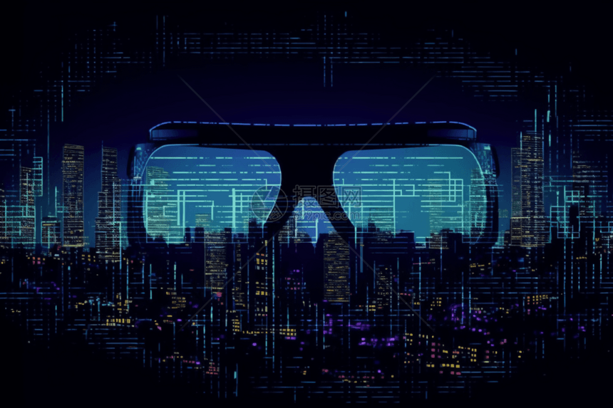 二进制代码城市上的虚拟现实眼镜图片