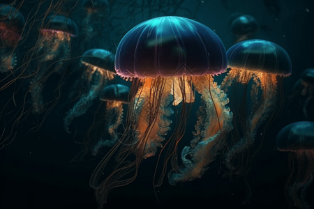 深海里的水母群背景图片