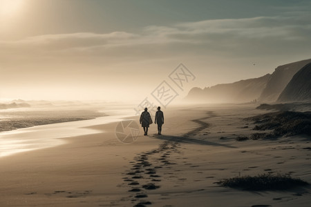 沙滩散步的浪漫恋人图片