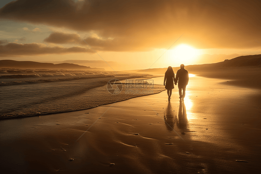 夫妇在日落时在海滩上漫步图片