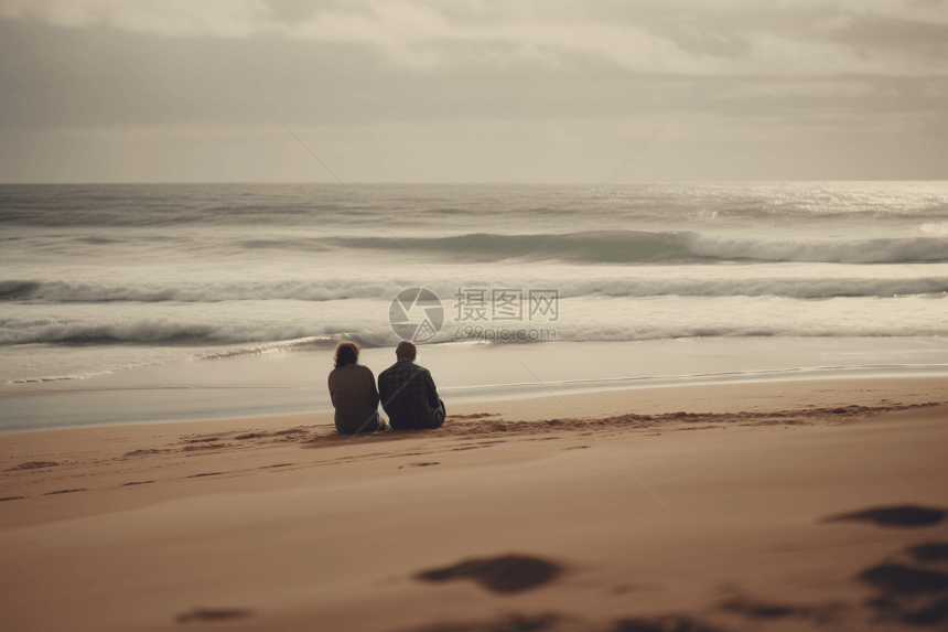一对恋人坐在沙滩上图片