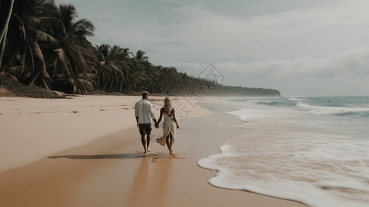 散步在海滩上的情侣手拉手走在沙滩上的情侣背景